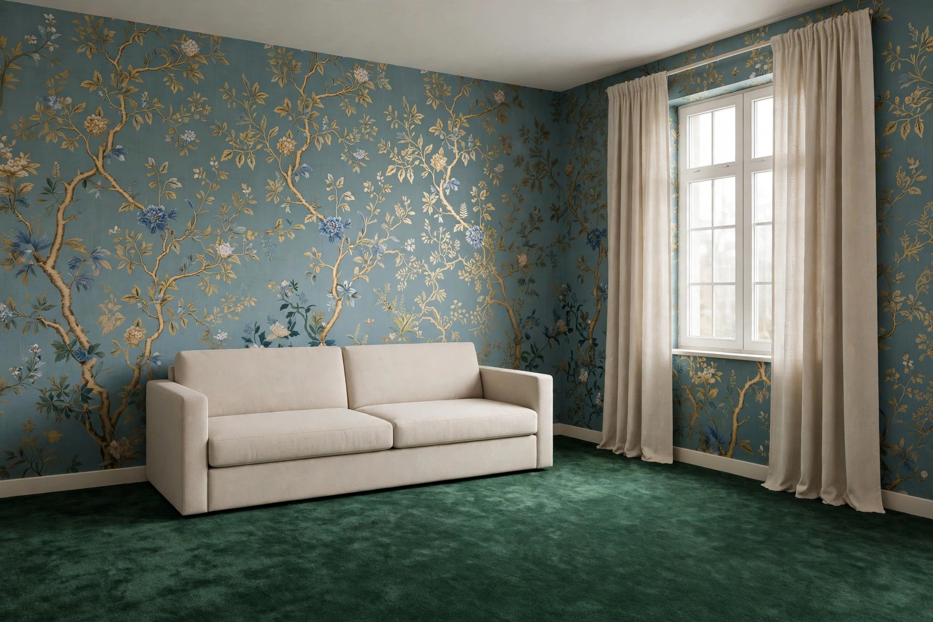 Same room with designer wallpaper and beautiful new flooring from Stlish