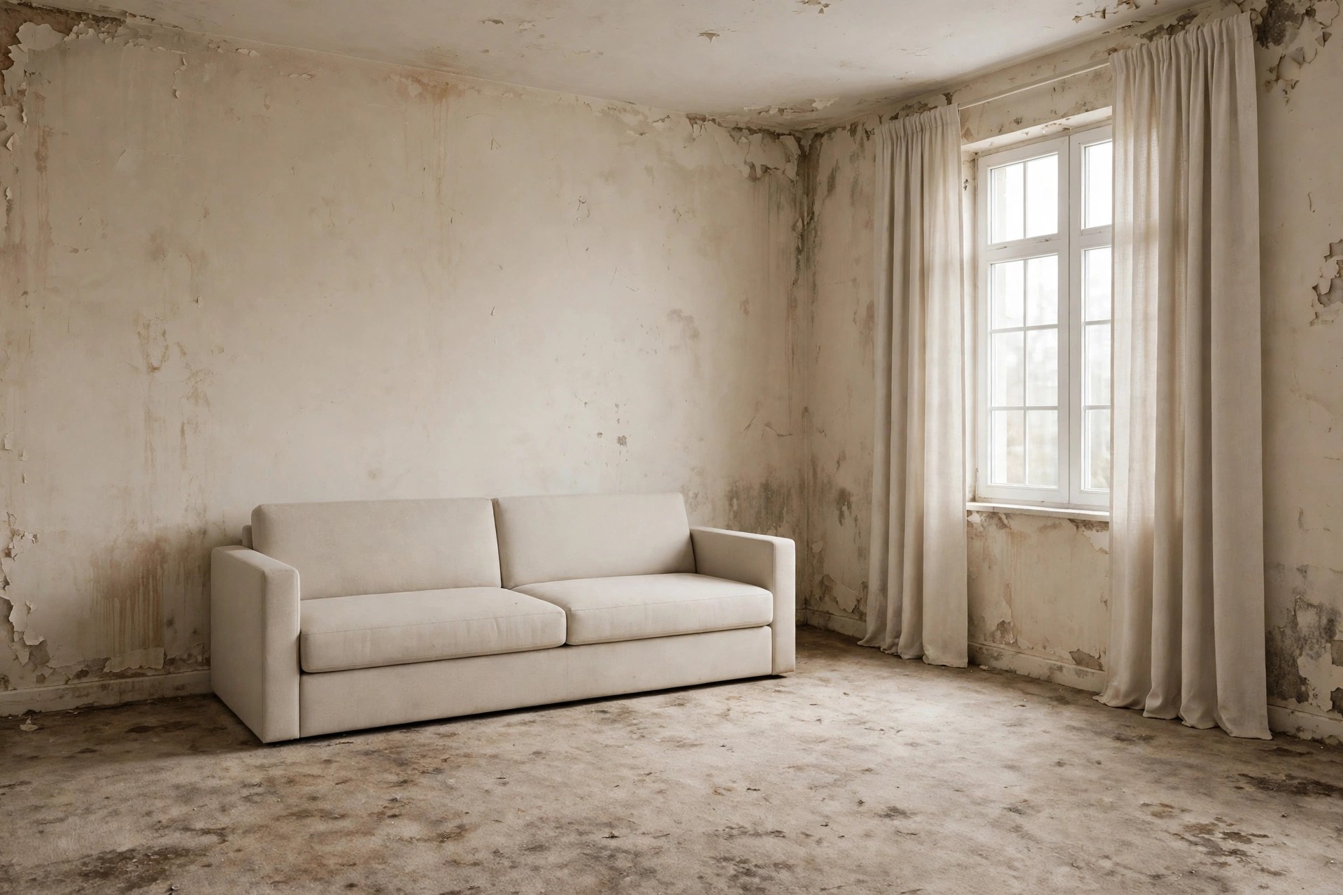 Same room with plain walls and a worn floor, before the makeover